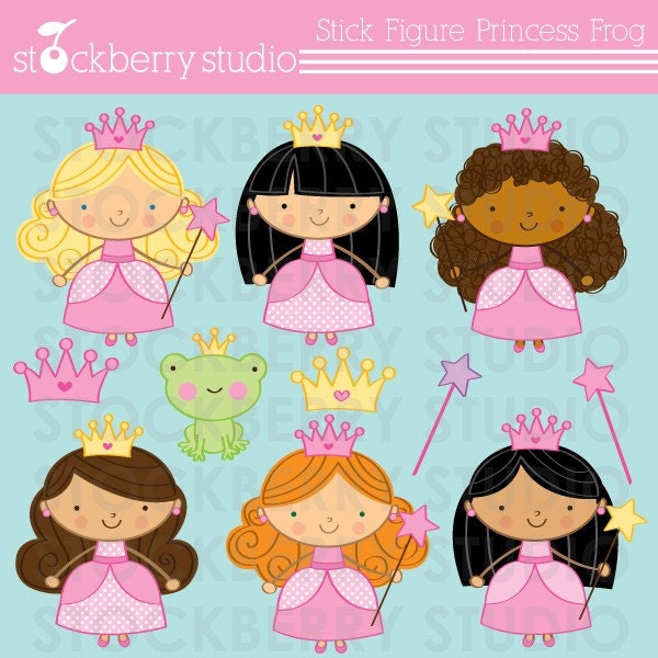 Stick Figure Princess Frog Personal and Commercial Use Clipart Set  - Instant Download