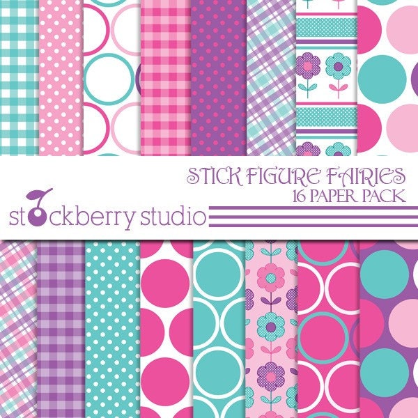 Stick Figure Fairies Digital Scrapbooking Paper Pack Il_570xn