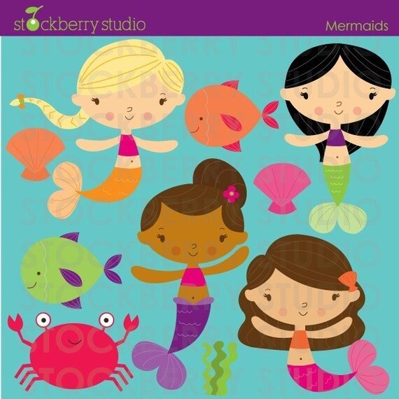 Mermaid Personal and Commerical Use Vector Clipart Set - INSTANT DOWNLOAD Il_570xn