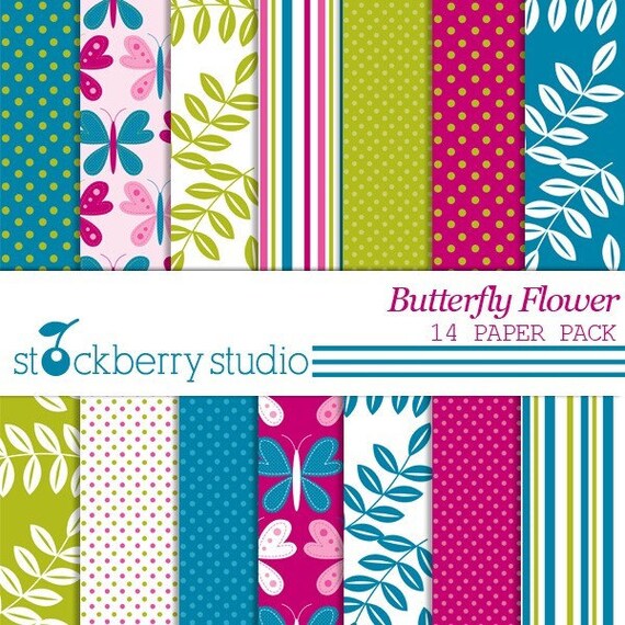 Butterfly Flowers Digital Scrapbooking Paper Pack Il_570xn