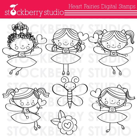 Heart Stick Figure Fairies Digital Stamp set - Valentine's Day - INSTANT DOWNLOAD Il_570xn