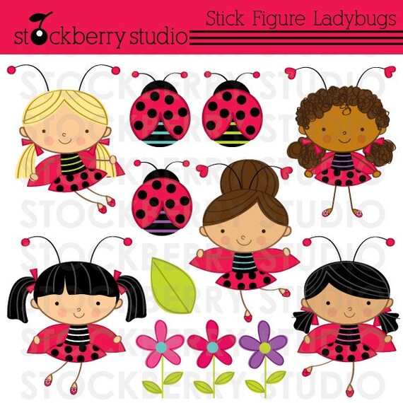 Stick Figure Ladybug Girls Personal and Commerical Use Clipart Set - INSTANT DOWNLOAD Il_570xn