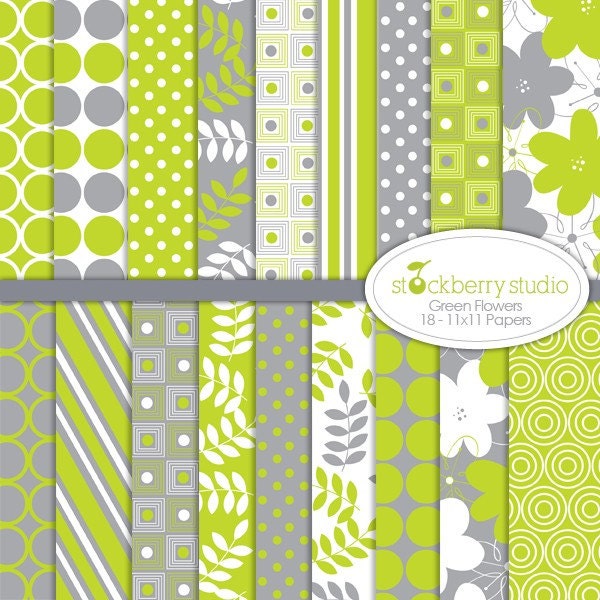 Green Flowers Digital Scrapbooking Paper Pack Il_570xn