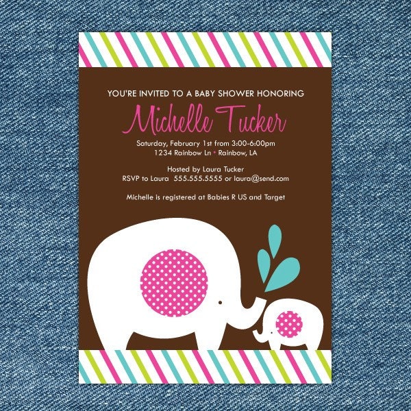 Elephant Baby Shower Printable Invitation - Girl Pink, Brown, Lime Il_570xn