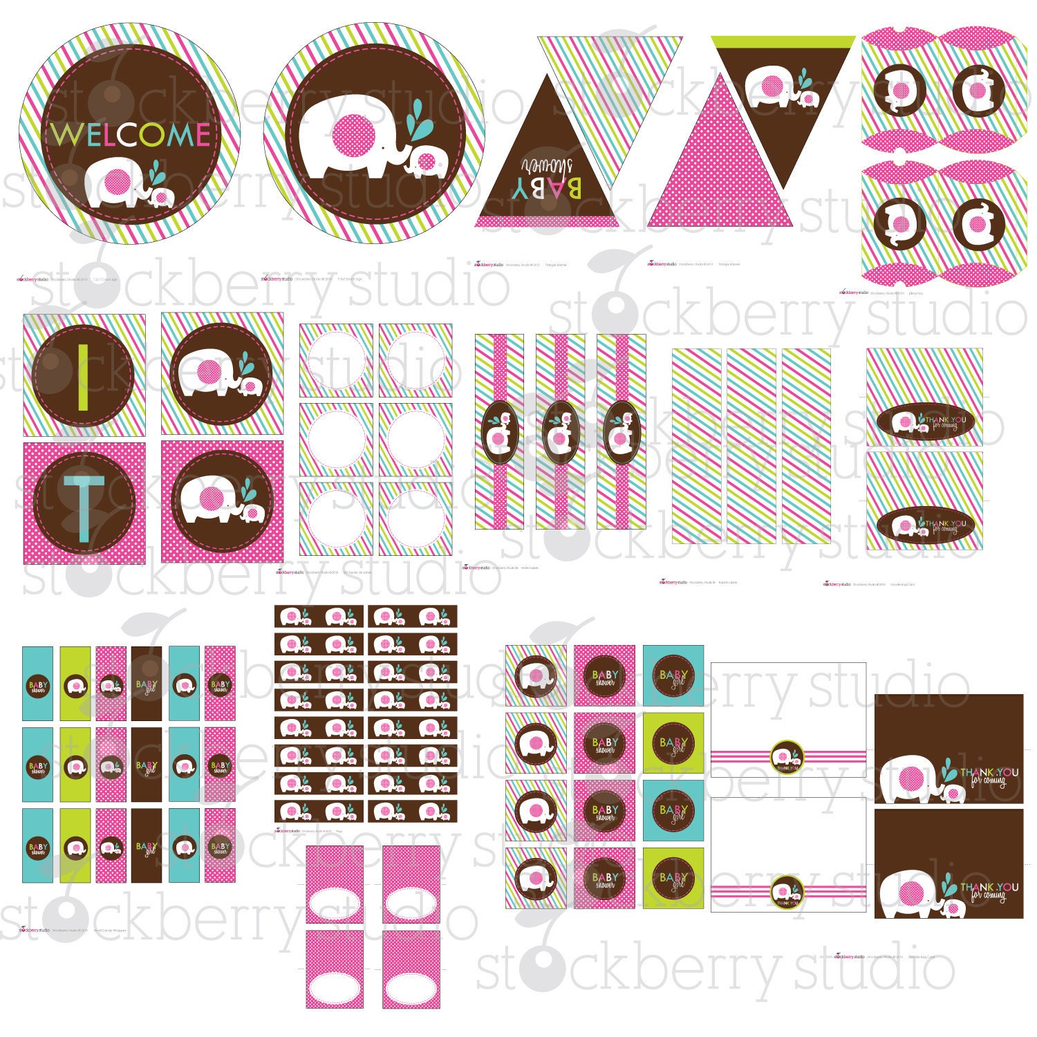 Elephant Girl Baby Shower Printable DIY Party Package.-Pink, Brown, Lime - Instant Download Il_570xn