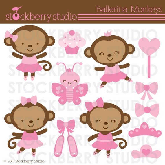 Ballerina Monkey Personal and Commerical Use Vector Clipart Set - Instant Download Il_570xn