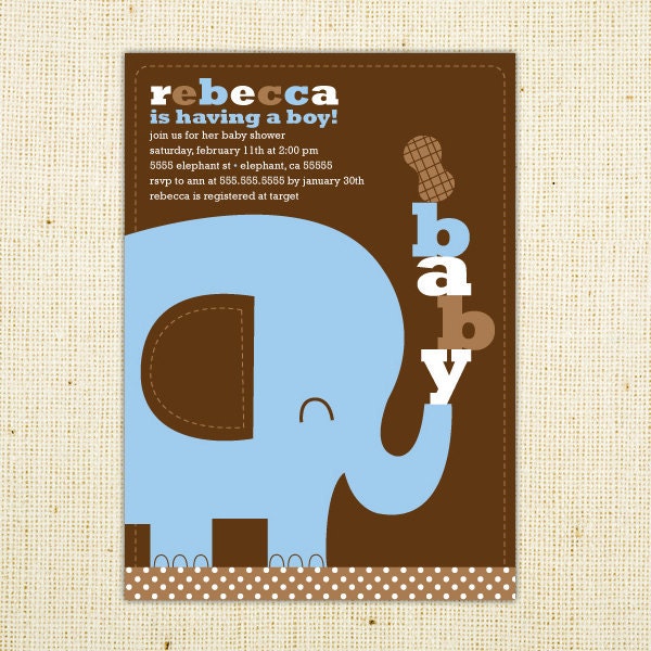 Elephant & Peanut Blue and Brown Baby Shower Printable Invitation party 5x7 invitation Il_570xn