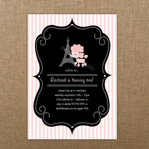 Pink Paris Poodle Printable Digital Invitation party 5x7 Il_570xn