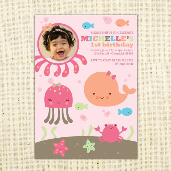 Under the Pink Sea Printable Photo Birthday Party Invitation party 5x7 invitation Il_570xn