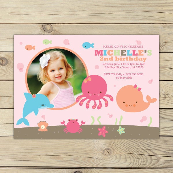 Under the Pink Sea Printable Photo Birthday Party Invitation party 5x7 invitation Il_570xn