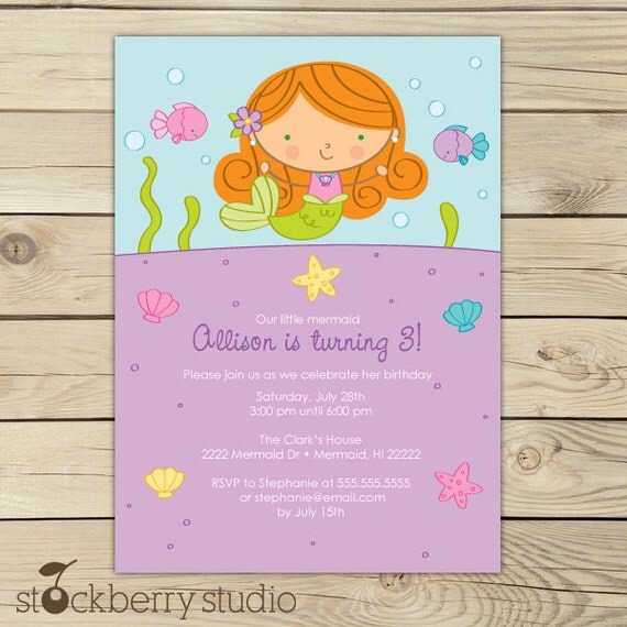 Redhead Mermaid Birthday Party Printable 5x7 Invitation Il_570xn