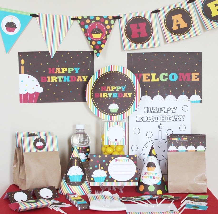 Rainbow Cupcake Birthday Printable Party Kit - INSTANT DOWNLOAD