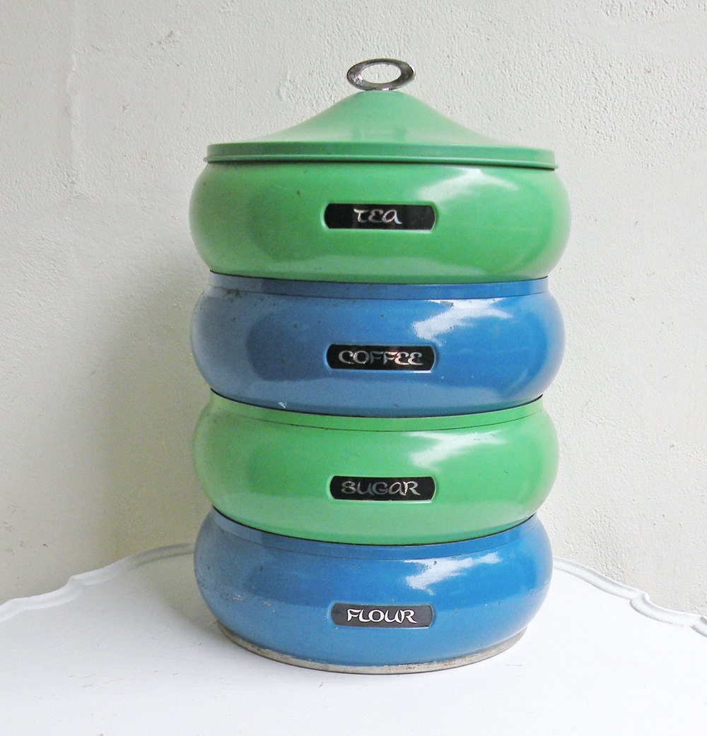Vintage Kitchen Canisters Incredible Set of Enamel Stacking Canisters in Blue and Green
