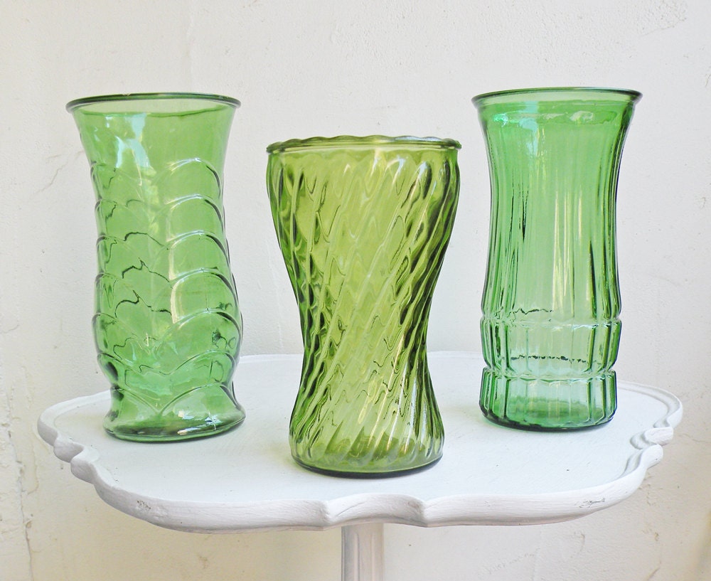 Three Vintage Green Glass Flower Vases Large Faceted Glass Vases Diamond Fish Scale EO Brody Country Cottage Chic Farm House Wedding Decor