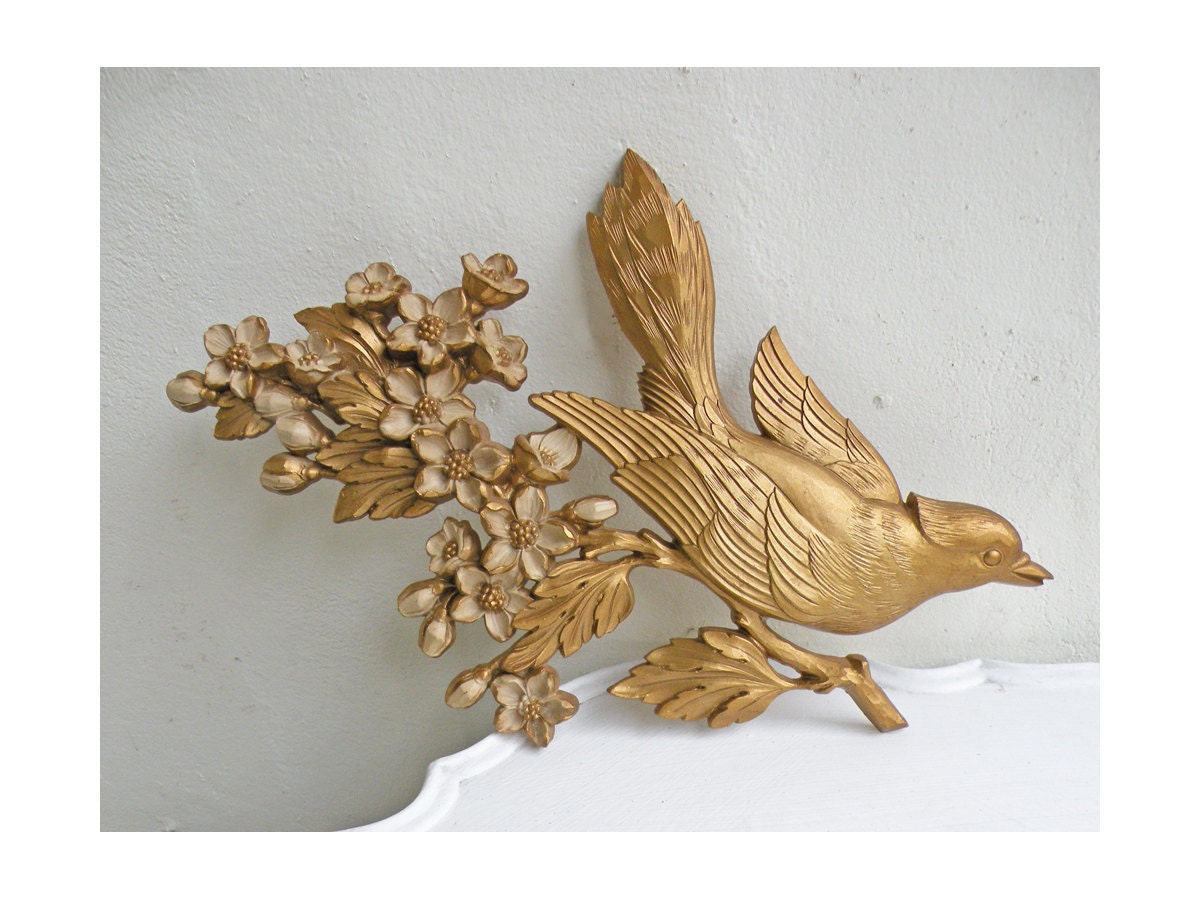 Pair Vintage Bird Plaques Gold with Cream Flowers Syroco 1967 Wall Hanging Plastic Resin