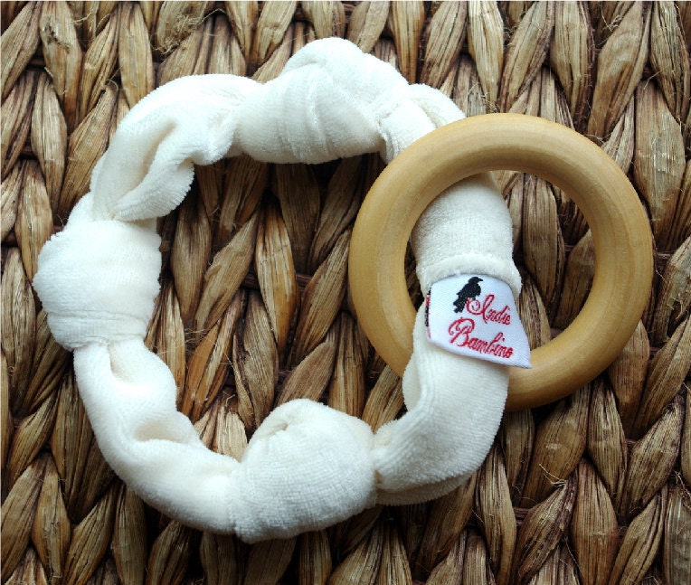 Organic Teething Ring, Organic Bamboo Velour Wooden Teether with Beeswax Finish