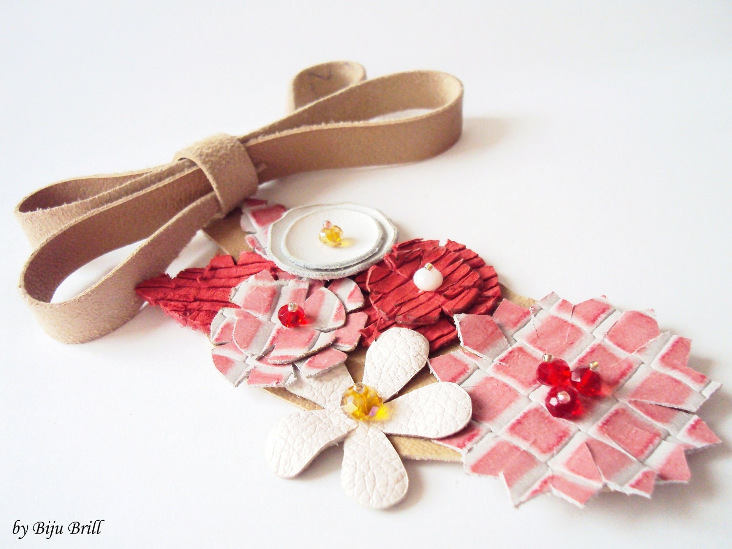 Leather Bib Necklace Sweet Red White Flowers Feminine Collar Flower applique Leather Jewelry