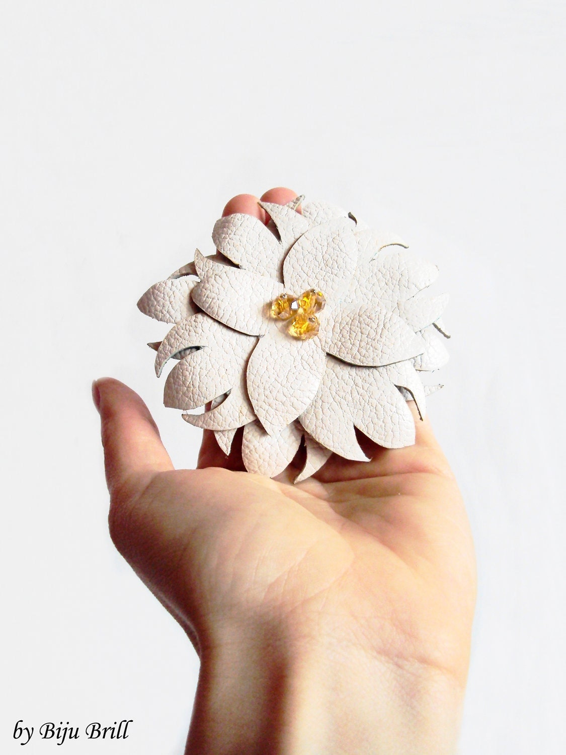 Big White Leather Flower Brooch Nude Cream Crystals Oversized Leather Accessory by BijuBrill