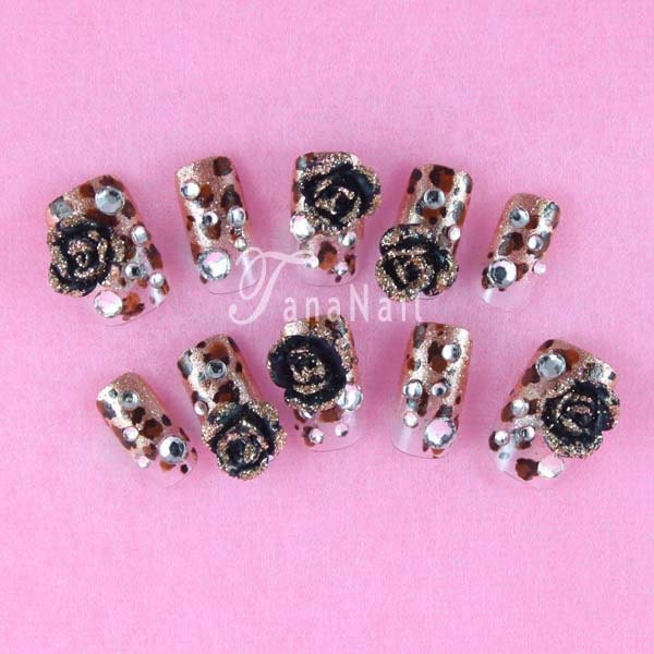 Japanese 3D Nail Art, Press On Nails, False Nails - Elegant Leopard Print Gold French Tips with Rose, Press on nails (T074N)