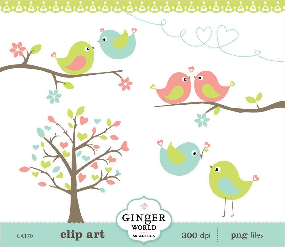 Spring Turquoise Kissing Love Birds Forest clipart digital file illustration for scrapbooking, wedding invites (CA170)