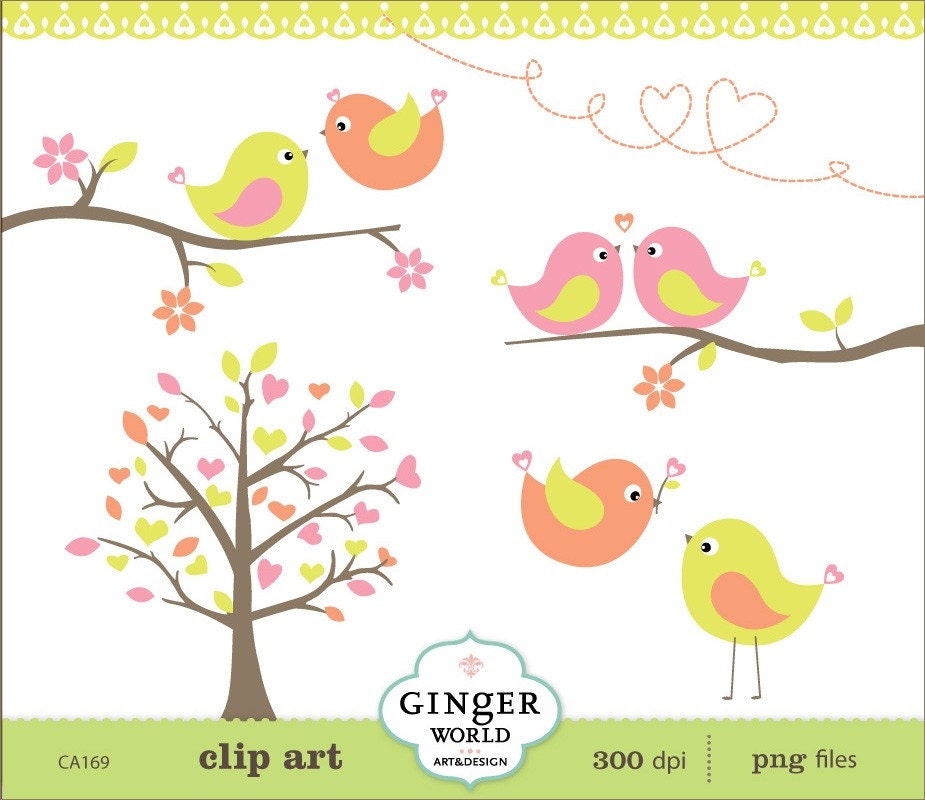 Spring Fresh Green Kissing Love Birds Forest clipart digital file illustration for scrapbooking, wedding invites (CA169)