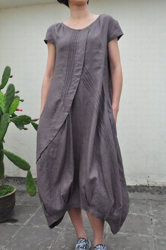 Flowers' Language/Pleated Asymmetrical linen long dress/15 colors/ custom made