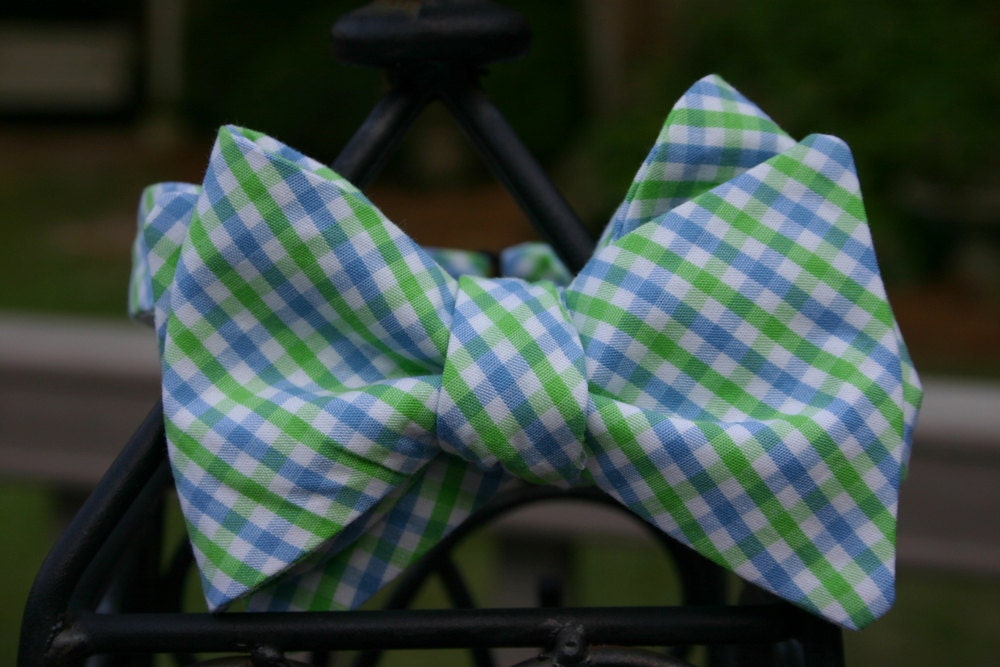 Blue and Green Checked Bow Tie