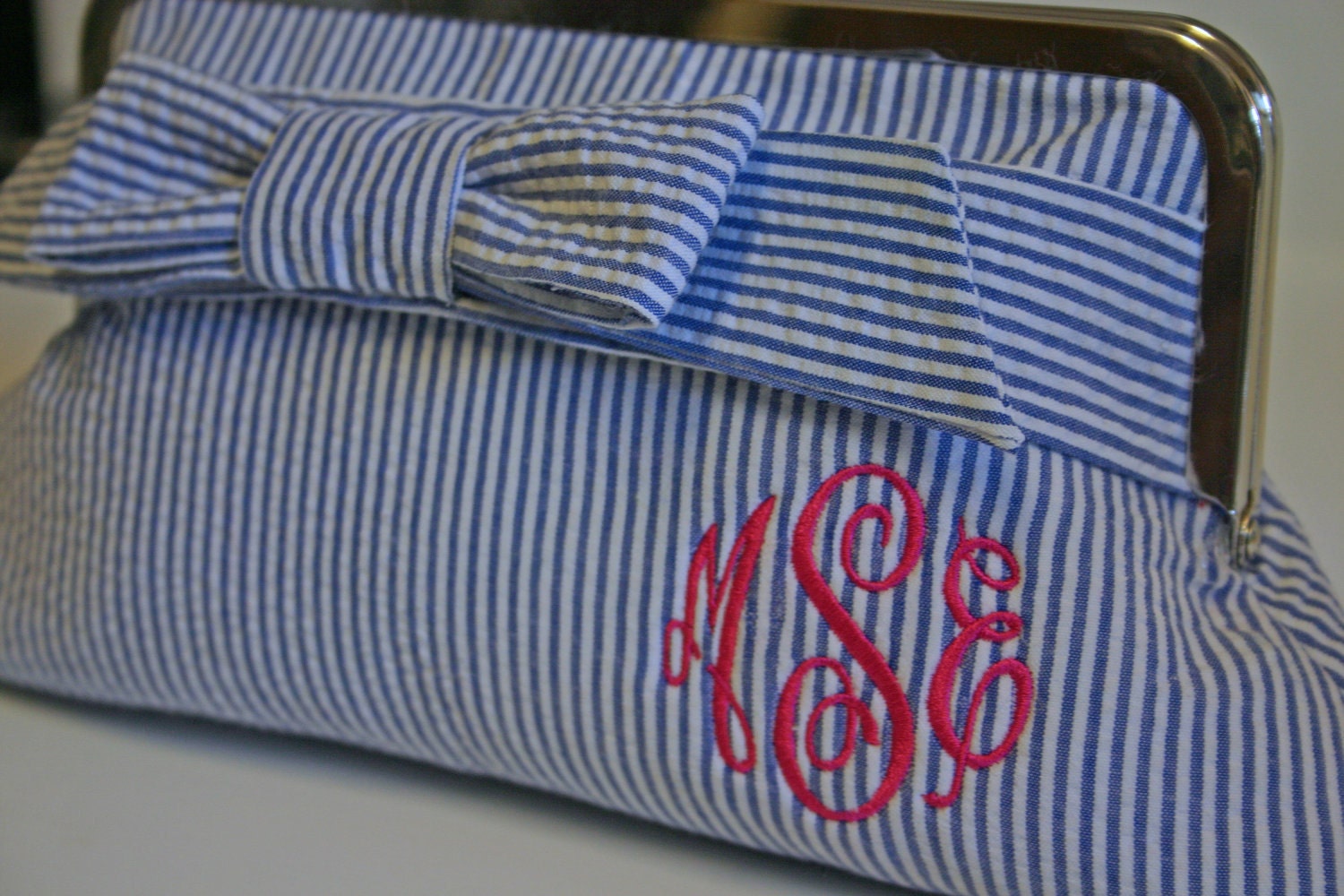 Monogrammed Seersucker Clutch - Small Wrap Bow, Bridesmaids gift