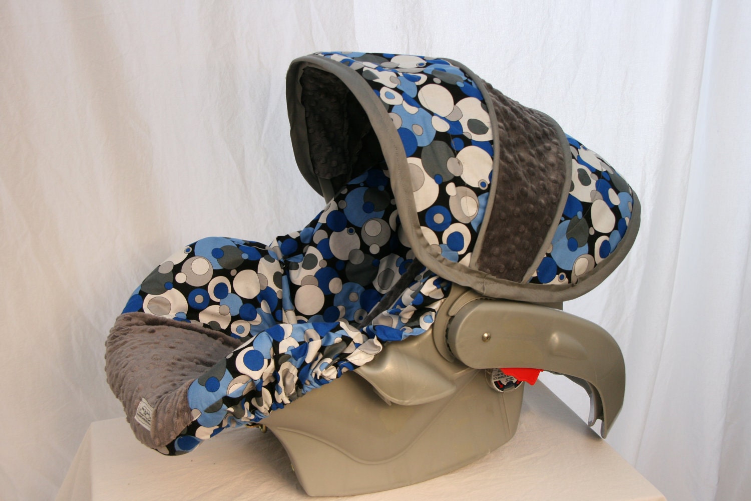 Blue Gray Dots fabric with gray minky- Infant car seat cover- Custom Order
