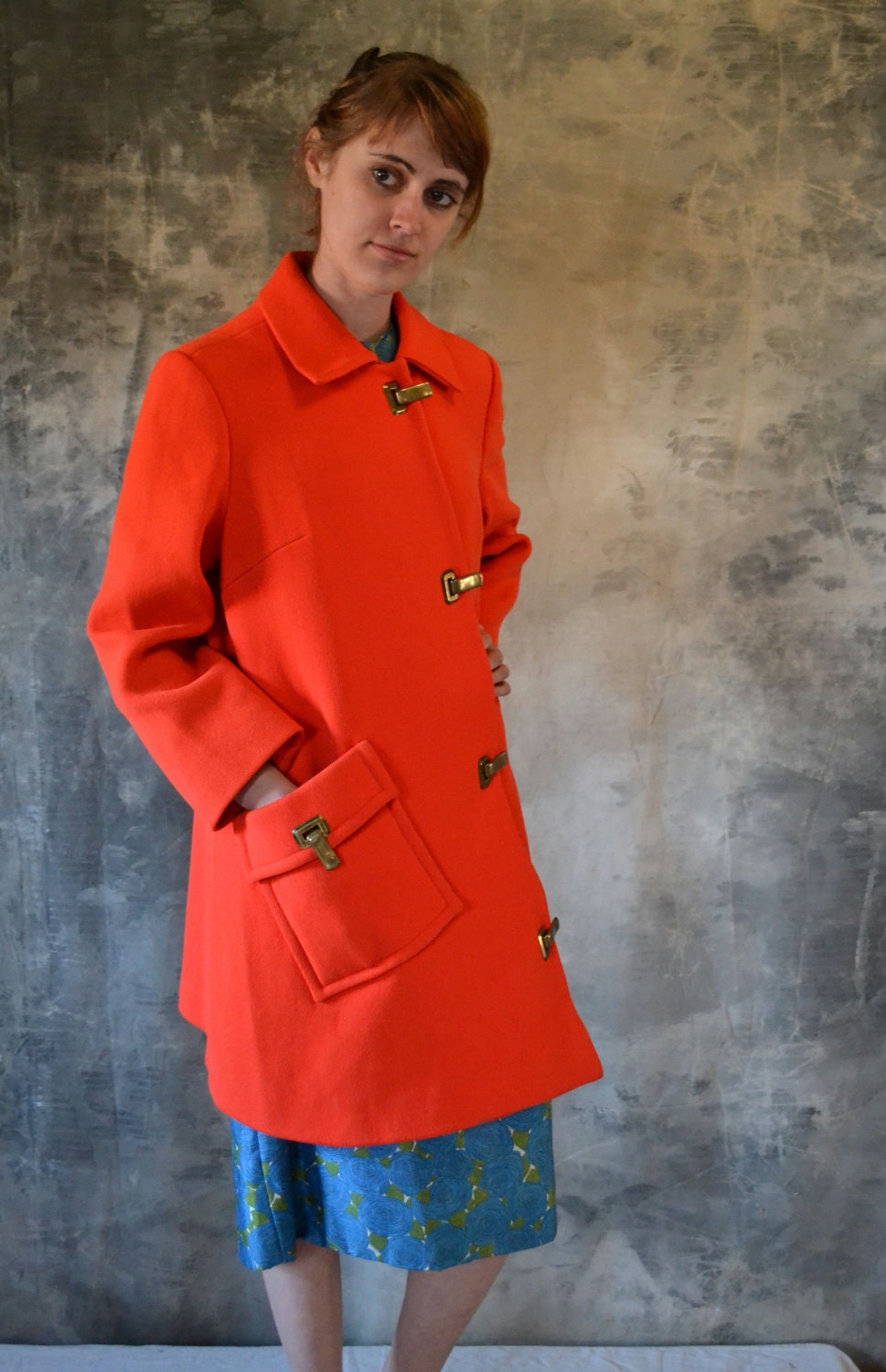 1960's Asymmetrical Mod Scarlet Poppy Coat with Brass Clasps