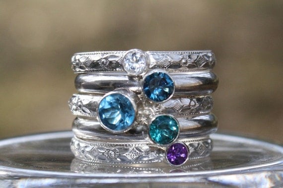 Birthstone Stacking Ring, Family & Mother's Ring, 5 Stacking Sterling Silver rings with gemstones, Birthstones, Sterling Silver, custom made