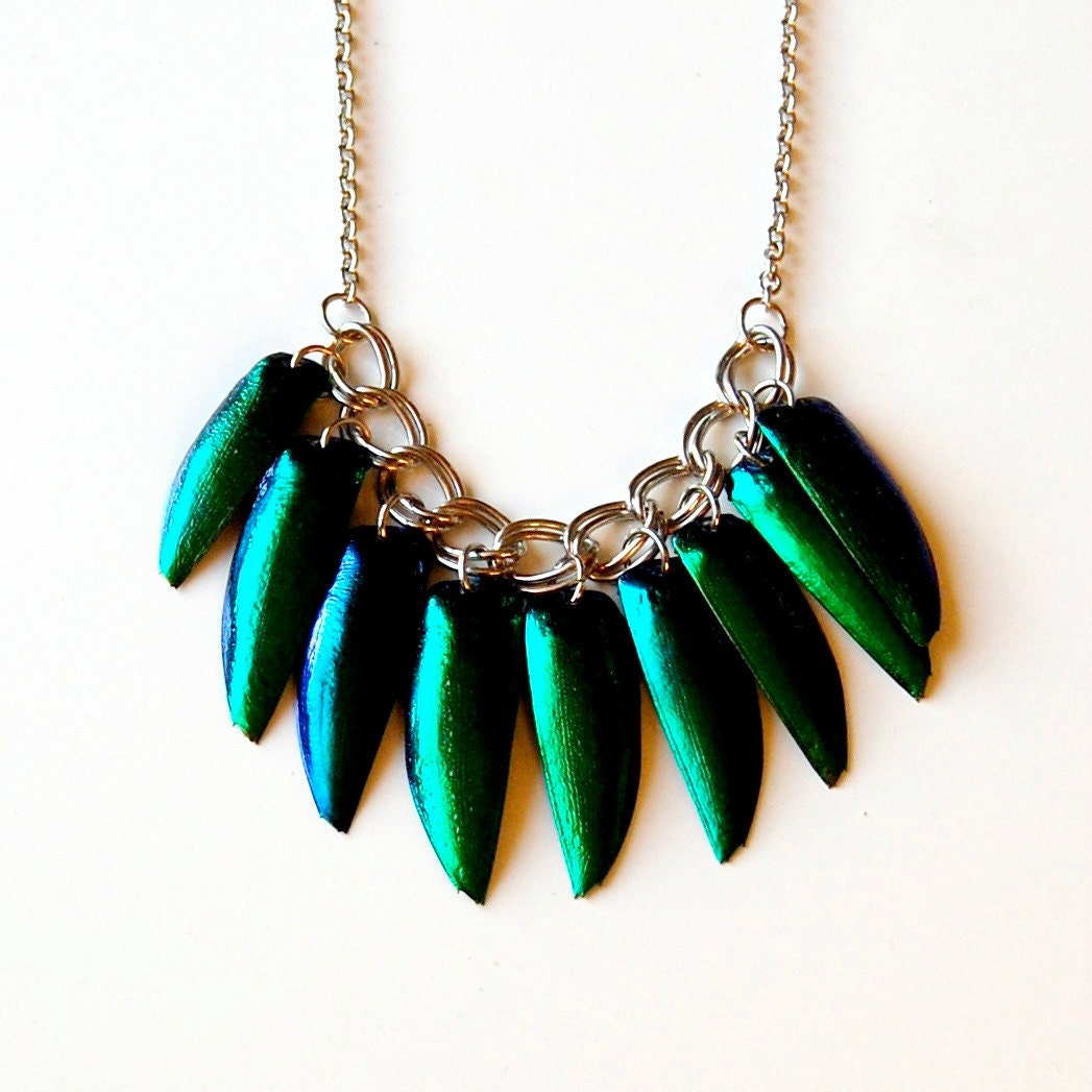 ELYCTRA metallic jewel beetle wing necklace in silver