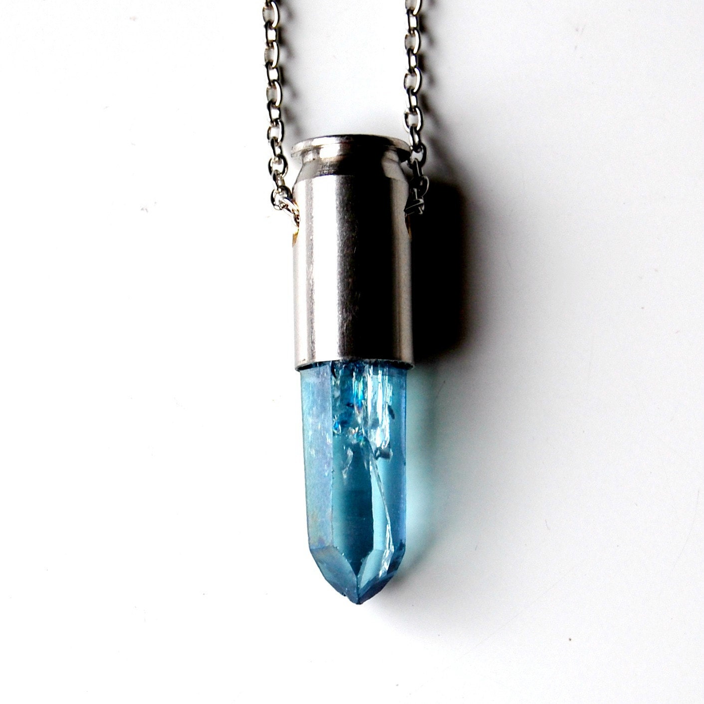 CORDELIA Aqua Aura bullet crystal necklace with 14k white gold plated chain