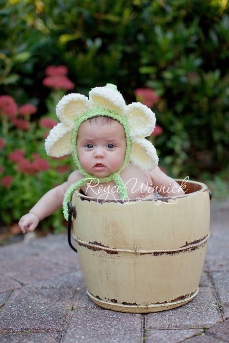 PDF Instant Download Crochet  PATTERN No 245 Daisy Bonnet photo prop sizes preemie, newborn. 0-3, 3-6 months
