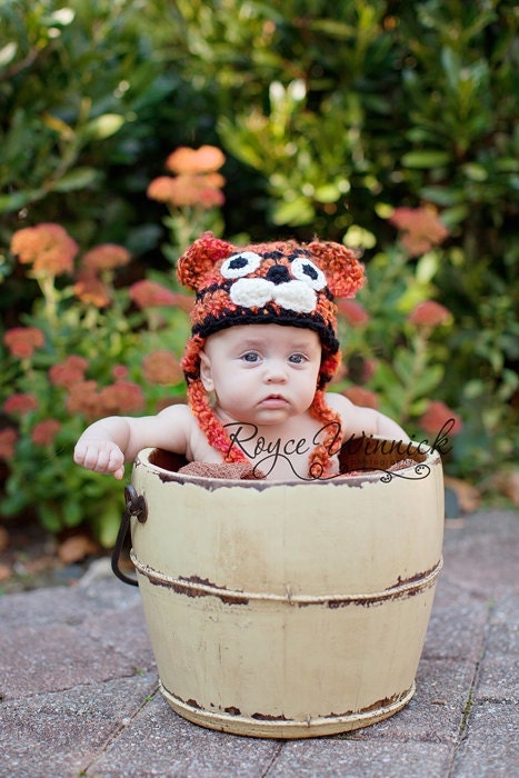 PDF Instant Download Crochet Pattern No 249 Tiger Earflap Hat and photo prop sizes preemie, newborn. 0-3, 3-6 months