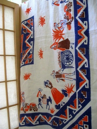 Vintage orange and blue Southwestern tablecloth