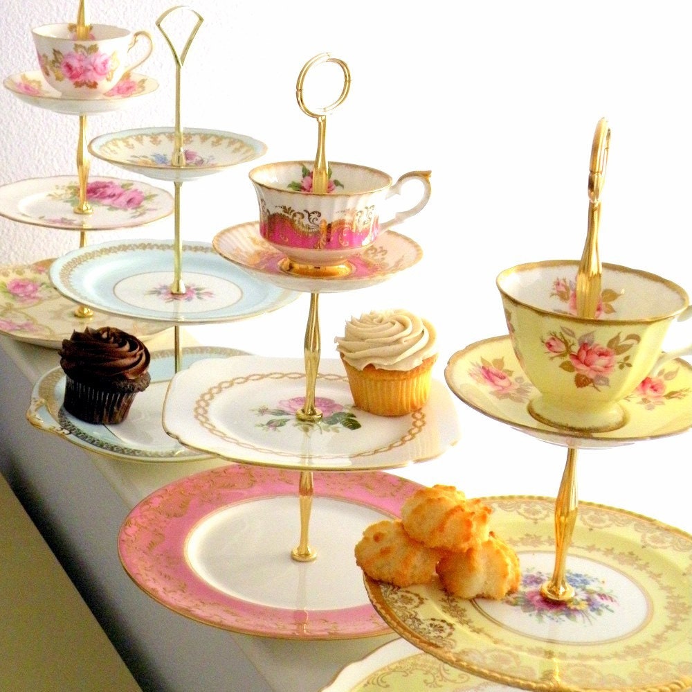 High Tea for Alice 1 CUSTOM 3-Tier Tea & Cupcake Stand of Vintage Fine China to Match Wedding Colors, Birthday Party or Home Decor Scheme
