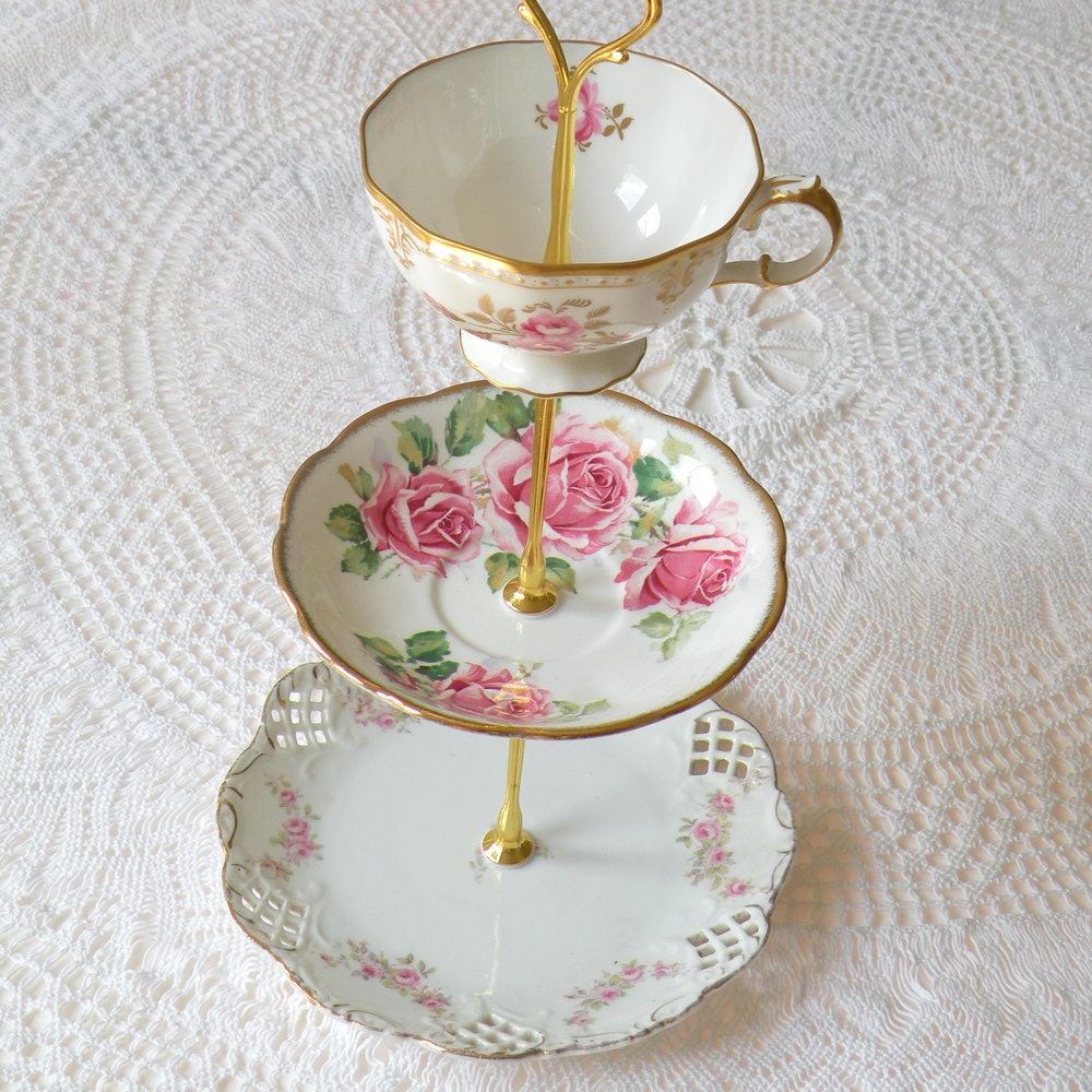 Alice Adores Pink Roses Vintage China Jewelry Stand, 3 Tier English Cottage Floral -- FREE SHIPPING