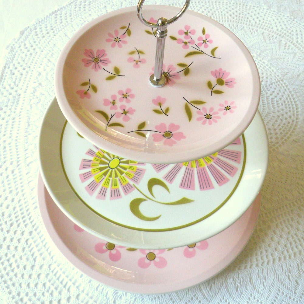 SALE The Mod Hostess Stand, 3 Tier Pink Cupcake Stand, Daisy Vintage Plates Display Centerpiece for Wedding, Shower or Girls Birthday