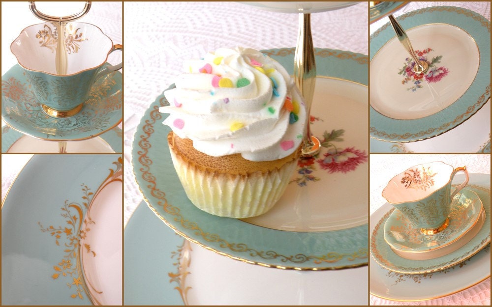 Alice & the Tiffany Box, Vintage China Aqua Blue Cupcake Stand or 3 Tier Cake Plate for High Tea, Birthday Party or Spring Garden Wedding