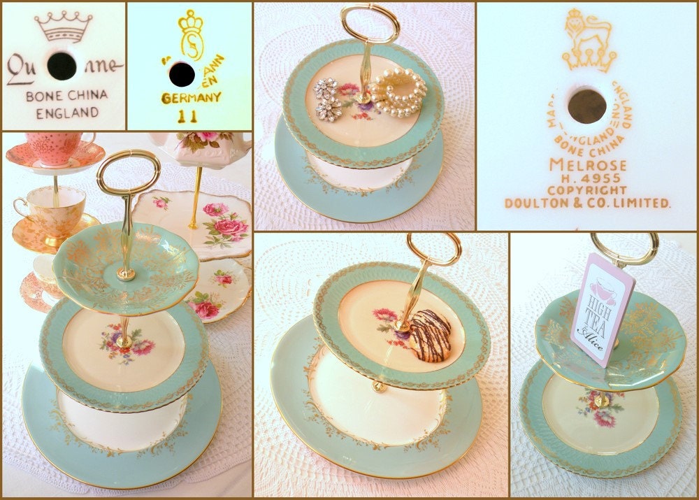 Alice & the Tiffany Box, Vintage China Aqua Blue Cupcake Stand or 3 Tier Cake Plate for High Tea, Birthday Party or Spring Garden Wedding