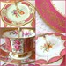 Alice Turns Pink, Large 4 Tier Gold & Raspberry Tea Stand of Vintage China for Wedding Cupcakes, Shower Dessert Display or Birthday Party
