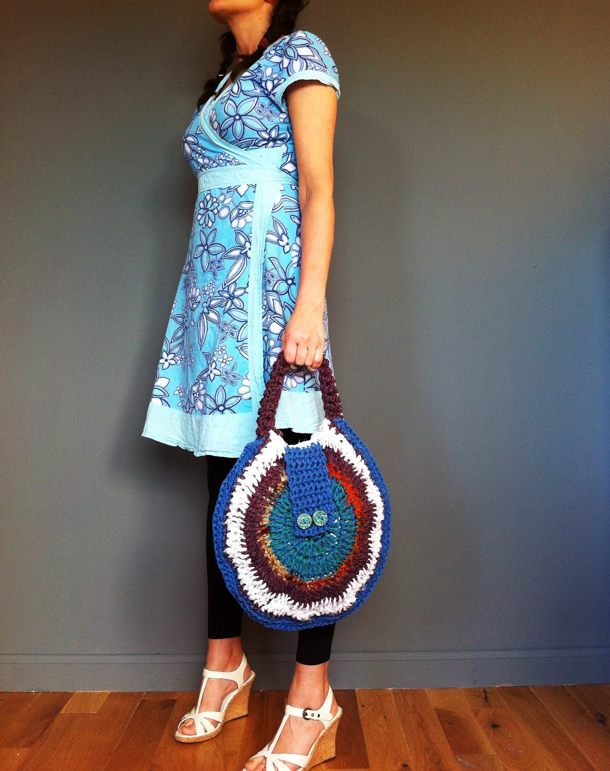Blue and purple happy hippy bag with recycled silk saree and cotton from India and Harris Tweed Scotland. Funky and exclusive.