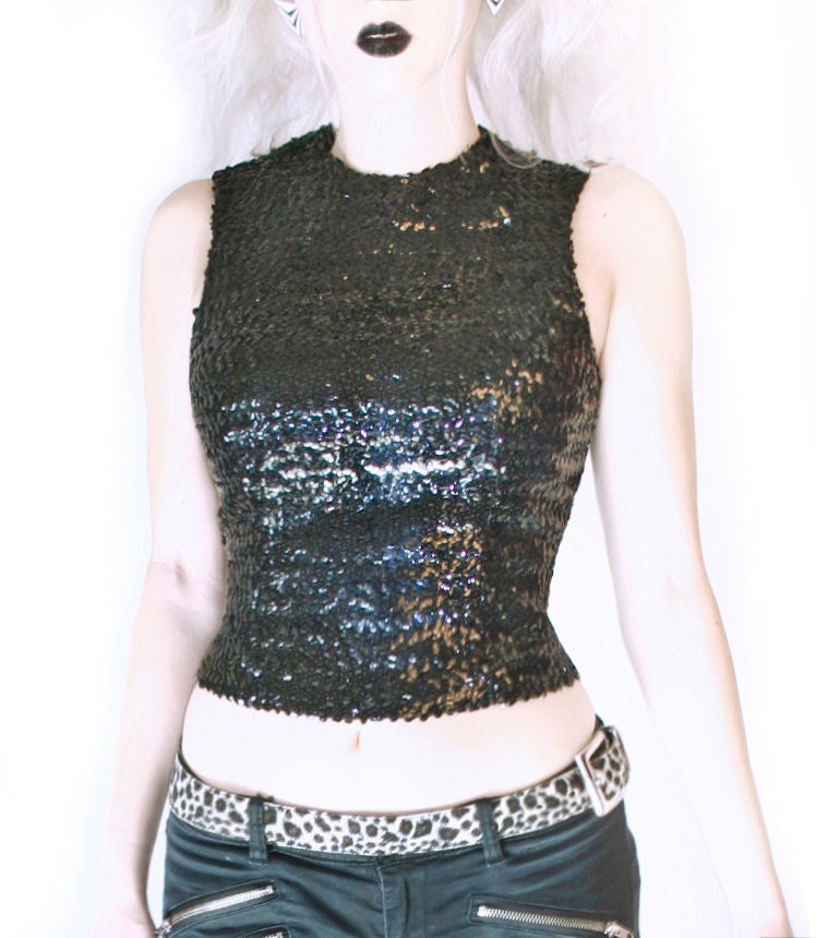 Crop Top Glitter Zip-up Tank Top / M