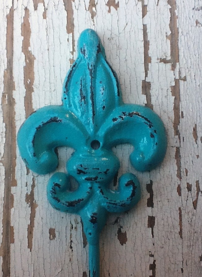 Cast Iron Wall Hook Rack - Rustic Vintage Inspired Old Fashioned Fleur De Lis-Turquoise - Metal Wall Decor - Summer Trends-Bathroom Fixture