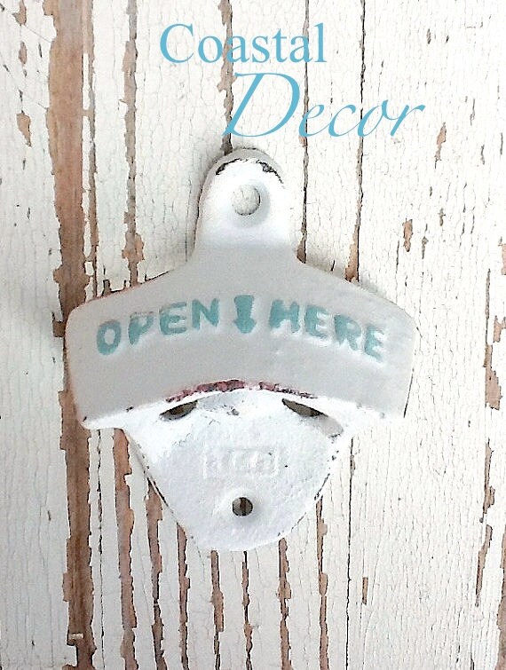 White Bottle Opener -White And Aqua - Cast Iron - Wedding Gift - Vintage Inspired -Retro Feel- Coastal Home Decor-Metal Wall Decor -Winter