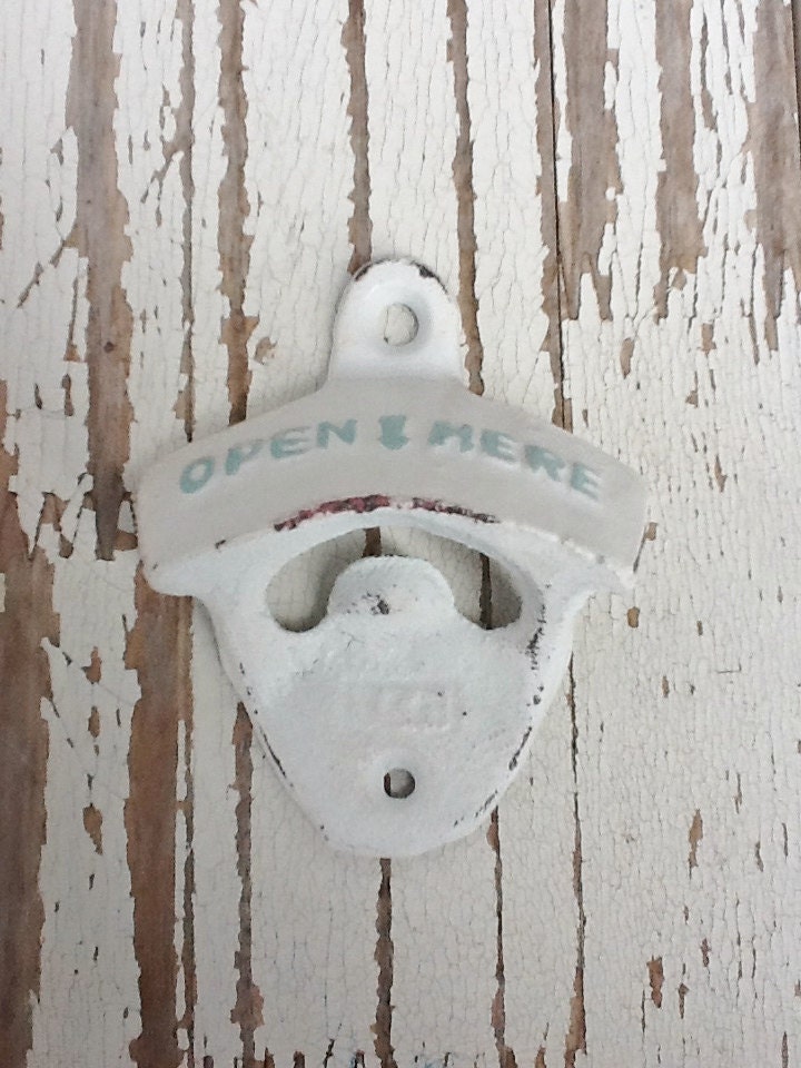 White Bottle Opener -White And Aqua - Cast Iron - Wedding Gift - Vintage Inspired -Retro Feel- Coastal Home Decor-Metal Wall Decor -Winter