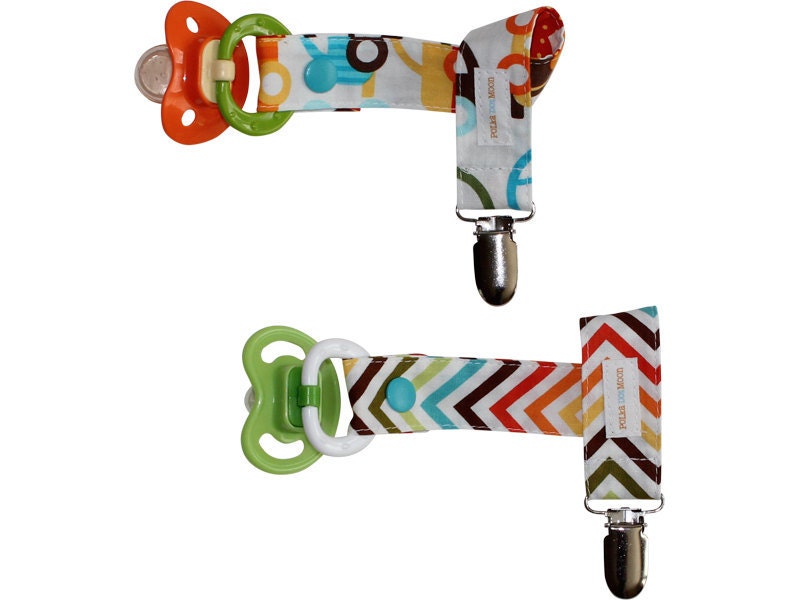 Boys Pacifier Clip Set of 2 in Cars and Blue, Orange and Brown Waves - Cute Baby Gift