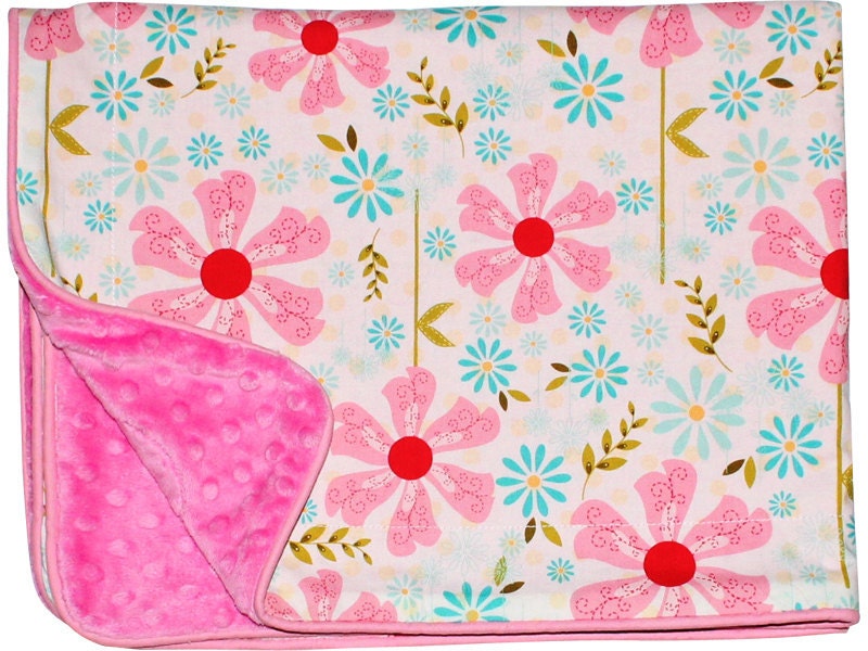 FREE SHIPPING - Baby Girl Blanket in pink, & blue flower print on pink Dimple Dot Minky....Unique New Baby Gift -Limited Edition