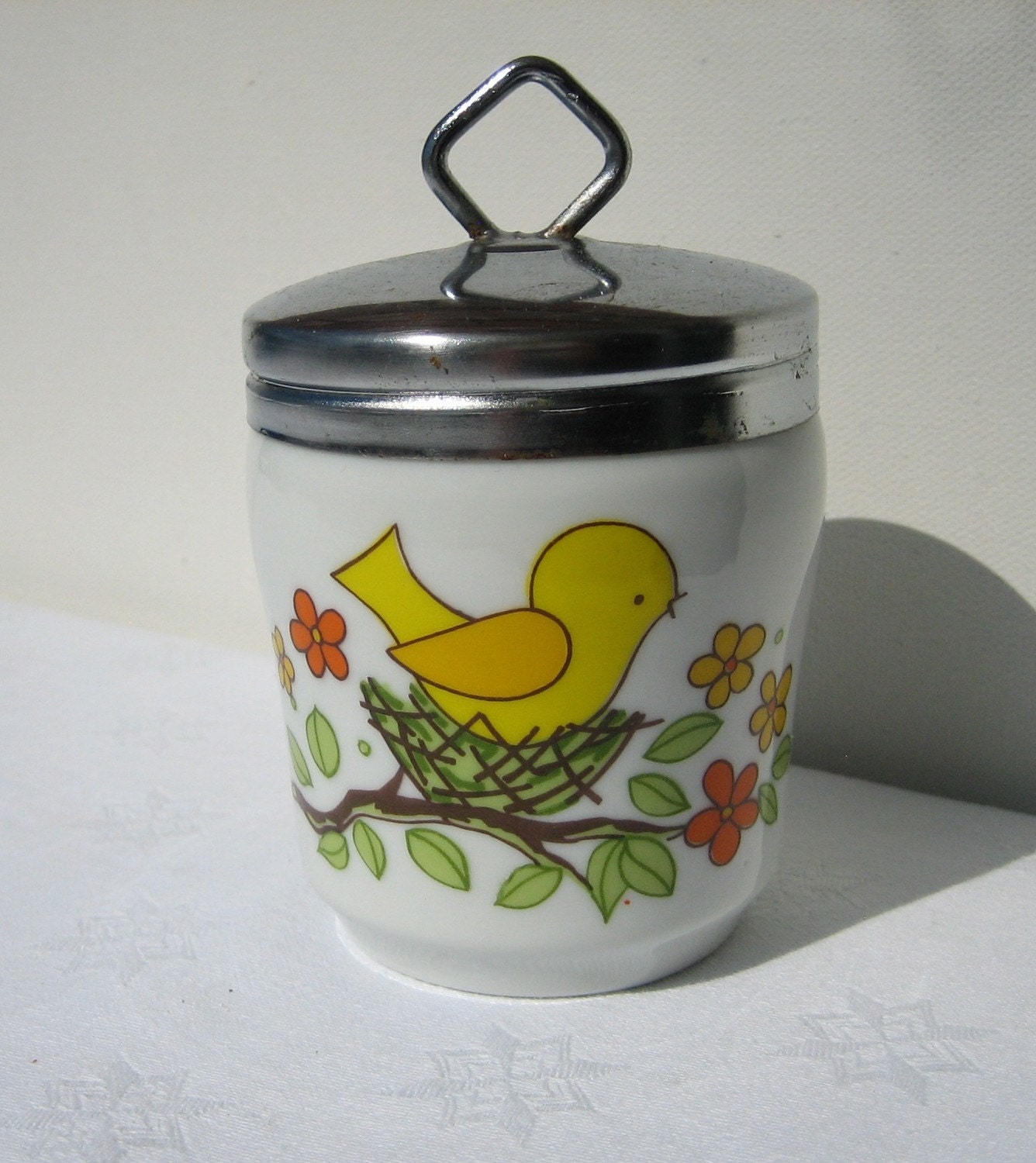 Vintage Porcelain Egg Coddler with Yellow Bird by SwanVintageFinds